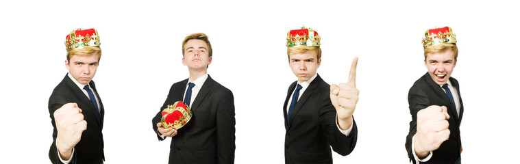 Funny businessman with crown and boxing gloves