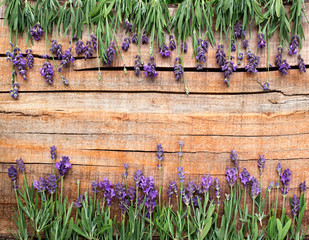 Fresh lavender and lavender oil on a wooden texture