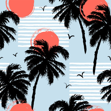 Seamless pattern with palm trees, sun. Vector illustration.