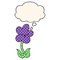 cartoon flower with happy face and thought bubble in comic book style