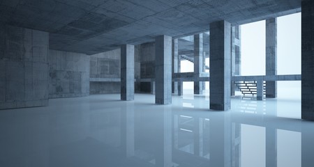 Abstract architectural concrete interior of a minimalist house with white background . 3D illustration and rendering.