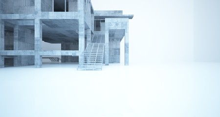 Abstract architectural concrete interior of a minimalist house with white background . 3D illustration and rendering.