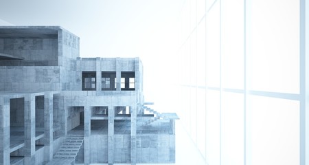 Abstract architectural concrete interior of a minimalist house with white background . 3D illustration and rendering.