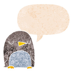 cartoon penguin and speech bubble in retro textured style