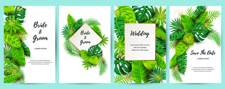 Wedding invitation set with exotic jungle leaves. Vector illustration tropical template. Place for text. Great for flyer, party invitation, ecological concept, wedding. Save the date card.