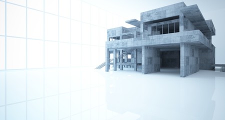 Abstract architectural concrete interior of a minimalist house with white background . 3D illustration and rendering.