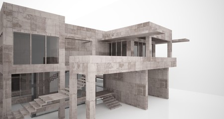 Abstract architectural concrete interior of a minimalist house with white background . 3D illustration and rendering.