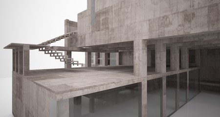 Abstract architectural concrete interior of a minimalist house with white background . 3D illustration and rendering.