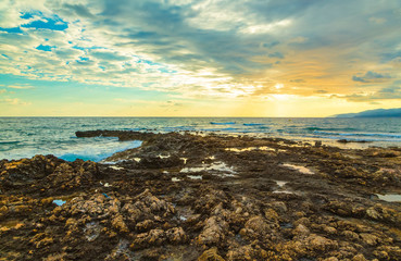Colorful summer sunset from coast of Crete Greece., Mediterranean sea, Europe.