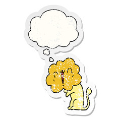 cute cartoon lion and thought bubble as a distressed worn sticker