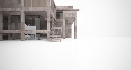 Abstract architectural concrete interior of a minimalist house with white background . 3D illustration and rendering.