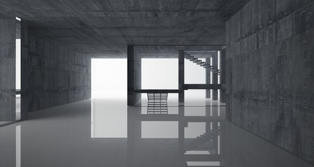 Abstract architectural concrete interior of a minimalist house with white background . 3D illustration and rendering.