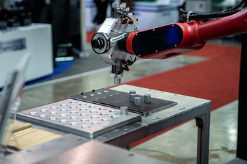 automation machine and detail close up in machine automatic with robotic automation technology for technology production factory