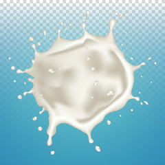 Realistic milk splash, isolated on blue transparent background.