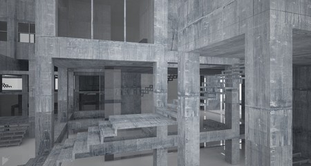 Abstract architectural concrete interior of a minimalist house with white background . 3D illustration and rendering.
