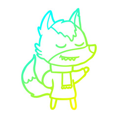 cold gradient line drawing friendly cartoon wolf wearing scarf