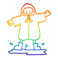 rainbow gradient line drawing cartoon person splashing in puddle wearing rain coat