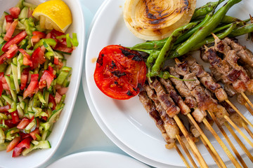 Traditional delicious Turkish foods; skewers cop sis