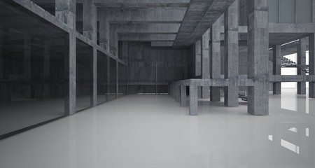 Abstract architectural concrete interior of a minimalist house with white background . 3D illustration and rendering.
