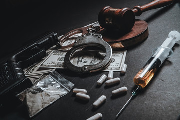 drug addiction, crime concept. justice handcuffs weapon - 275930109
