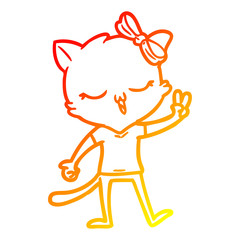 warm gradient line drawing cartoon cat with bow on head giving peace sign