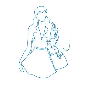 Woman with paper glass walking down the street continuous one line drawing.