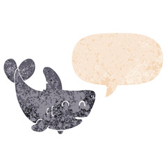 cartoon shark and speech bubble in retro textured style