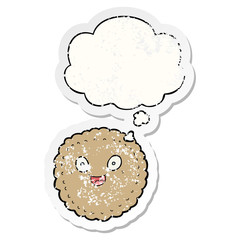 cartoon biscuit and thought bubble as a distressed worn sticker