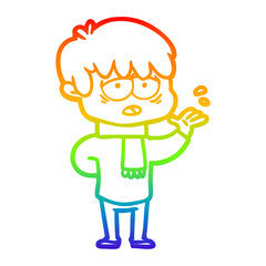 rainbow gradient line drawing cartoon exhausted boy