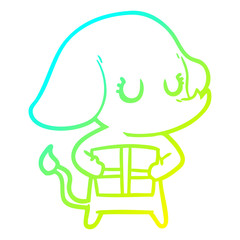 cold gradient line drawing cute cartoon elephant with gift