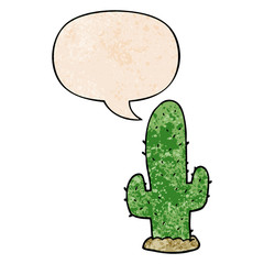 cartoon cactus and speech bubble in retro texture style