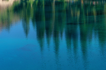 Lake Caress Dolomites Italy. Lake of Caresse in Italy. Scenic place and famous touristic destination. Primeval nature