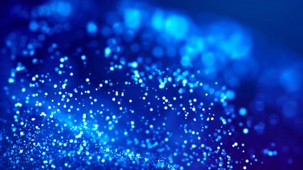 Science fiction. Glow blue particles on blue background are hanging in air for bright festive presentation with depth of field and light bokeh effects. Version 26