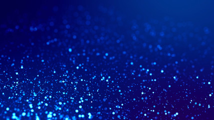 Sci-fi background. Glow blue particles on blue background are hanging in air for bright festive presentation with depth of field and light bokeh effects. Version 12