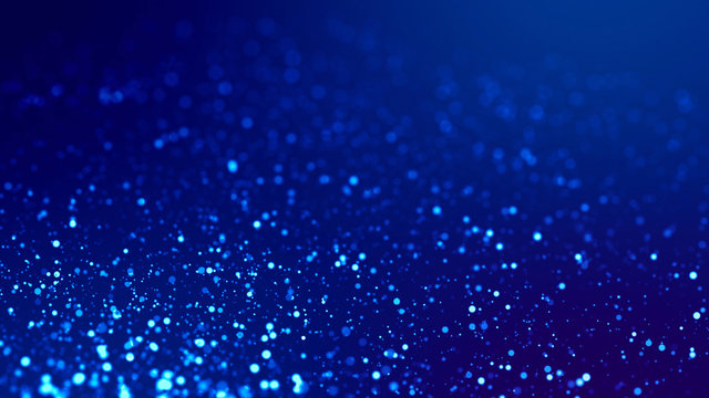 Sci-fi background. Glow blue particles on blue background are hanging in air for bright festive presentation with depth of field and light bokeh effects. Version 12