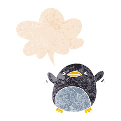 cute cartoon flapping penguin and speech bubble in retro textured style