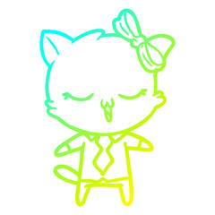 cold gradient line drawing cartoon cat with bow on head