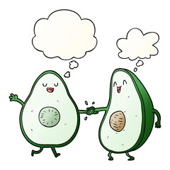 cartoon dancing avocados and thought bubble in smooth gradient style