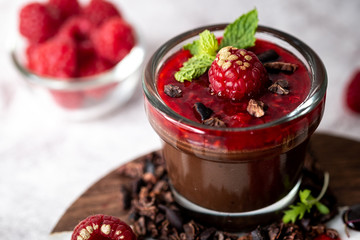 Dark Chocolate Mousse Pudding with Raspberries.