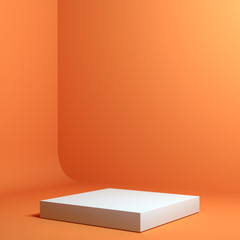 Modern Showcase with empty space on pedestal on orange background. 3d rendering.