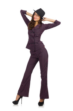 Woman wearing striped costume isolated on white