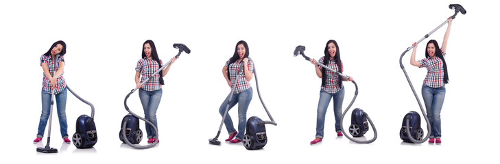 Young woman with vacuum cleaner on white