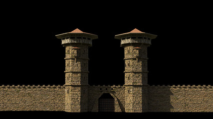 medieval castle wall with watch towers and gate isolated on black background