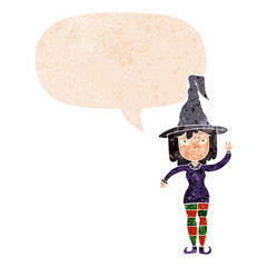 cartoon witch and speech bubble in retro textured style