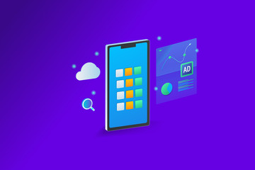 Mobile advertising application, digital marketing on smartphone, online business data analysis, information monitoring app, isometric design.