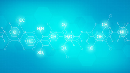 Abstract chemistry pattern on green background with chemical formulas and molecular structures. Template design with concept and idea for science and innovation technology.