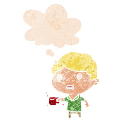 cartoon man with cup of coffee and thought bubble in retro textured style