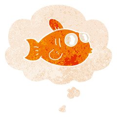 cartoon fish and thought bubble in retro textured style