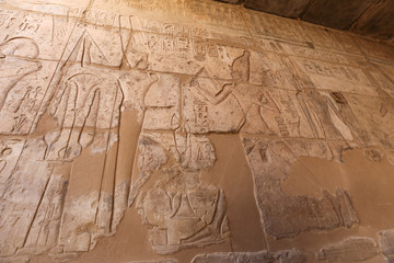 Egyptian hieroglyphs in Mortuary Temple of Seti I, Luxor, Egypt