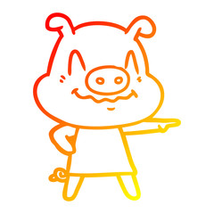 warm gradient line drawing nervous cartoon pig wearing dress